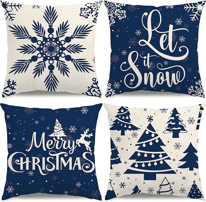 Christmas Pillow Covers 16x16 Blue Christmas Decorations Snowflake Throw Pillow Covers Xmas Tree Winter Holiday Decor Cushion Case for Sofa Couch Set of 4