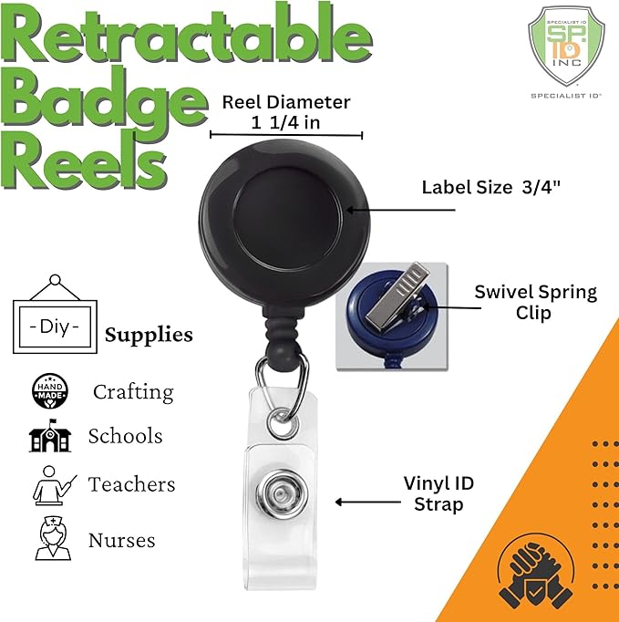 Bulk 25 Pack - Black Retractable Badge Reels with Alligator Swivel Clip Vinyl Card Holder Strap by Specialist ID - Bulk Premium Black Retractable Name Badge Reels with Alligator Swivel Clip