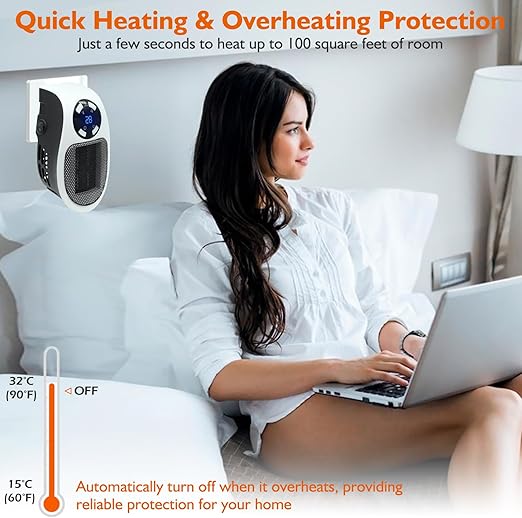 Ecowarm Plug in Heater, 500W Wall Outlet Electric Space Heater as Seen on TV, Small Portable Space Heater with Adjustable Thermostat & Timer & Led Display for Office Bathroom Bedroom Indoor Use