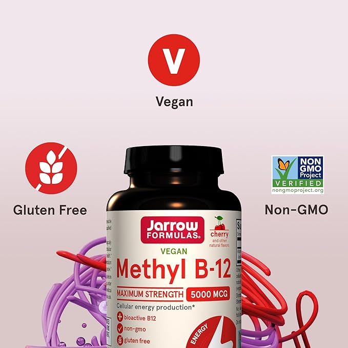 Jarrow Formulas Vitamin B12 5000 mcg - Maximum Strength for Cellular Energy and Brain Health, 60 Cherry Chewable Tablets, B12 Vitamins 5000 mcg