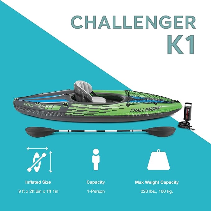 INTEX Challenger Series Inflatable Kayak: Includes 86-inch luxury kayak paddles and high-performance pump - Super strong PVC - Adjustable seat with backrest - Removable Skeg - Net of