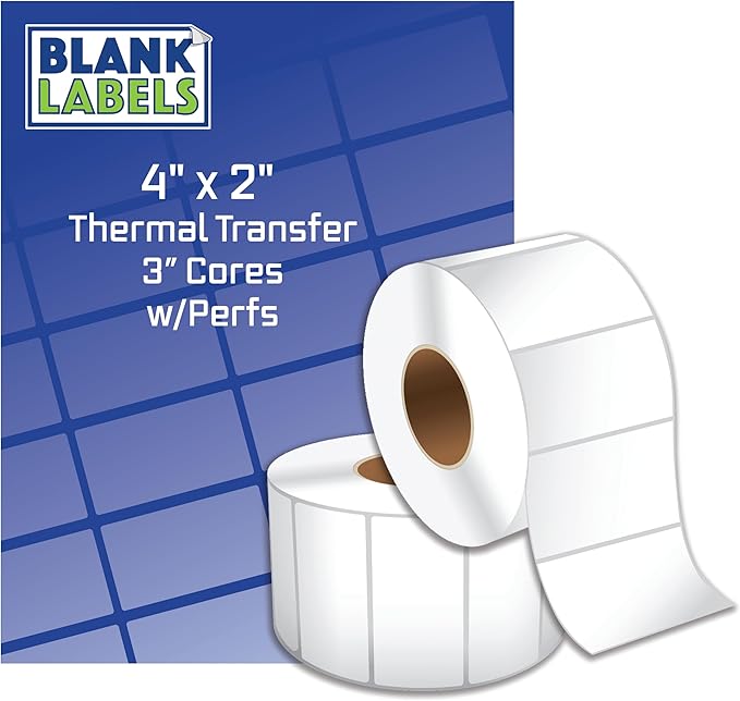 Blank Labels Shipping and Printer Labels 4" x 2" Thermal Transfer Labels on 3" Cores with Perfs Between Labels, WO, 3,000 Labels per Roll Matte White 1 Roll Total Made in USA
