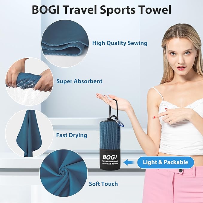 BOGI Microfiber Travel Sports Towel-Quick Dry Towel, Soft Lightweight Microfiber Camping Towel Absorbent Compact Travel Towel for Camping Gym Beach Bath Yoga Swimming Backpacking (M:40''x20''-Nblue)