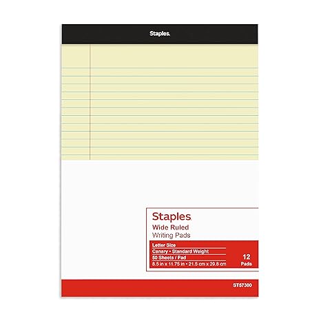 Staples Notepads, 8.5 x 11.75 Inch, Wide Ruled Legal Pads, Writing Pad for Home, Office, School, 12-Pack, Yellow Paper