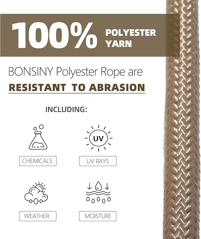 Braided Polyester Rope 12 in x 50 ft Heavy Duty Rope - Strong Outdoor Rope for Tree Work Swing Pulling Sailing Camping Nautical (Brown)
