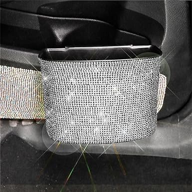 Bling Crystal Car Trash Can Auto Hanging Car Trash Can Sparkling Storage Holder Litter Container for Vehicle Office Home (Silver, Garbage can)