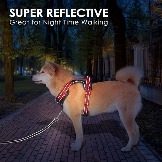 PHOEPET No Pull Dog Harness, Unique Colors Reflective Adjustable Dog Vest, with Soft Training Handle Metal Clips for Small Medium Large Dogs (Black Base Red Straps,L)