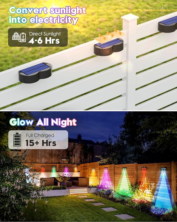 Pack of 8 upgraded solar lights for outdoor fence with point lenses, warm white, cool white and RGB 8 fixed colors, bright waterproof color lights for fence, wall, step,