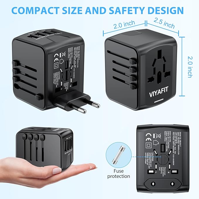 Universal International Travel Power Adapter, All in One Wall Charger with High Speed 2.4A 3xUSB, 3.0A Type-C, European Adapter, Worldwide AC Outlet Plugs for UK, CA, EU, AU, Asia (Gray Black)
