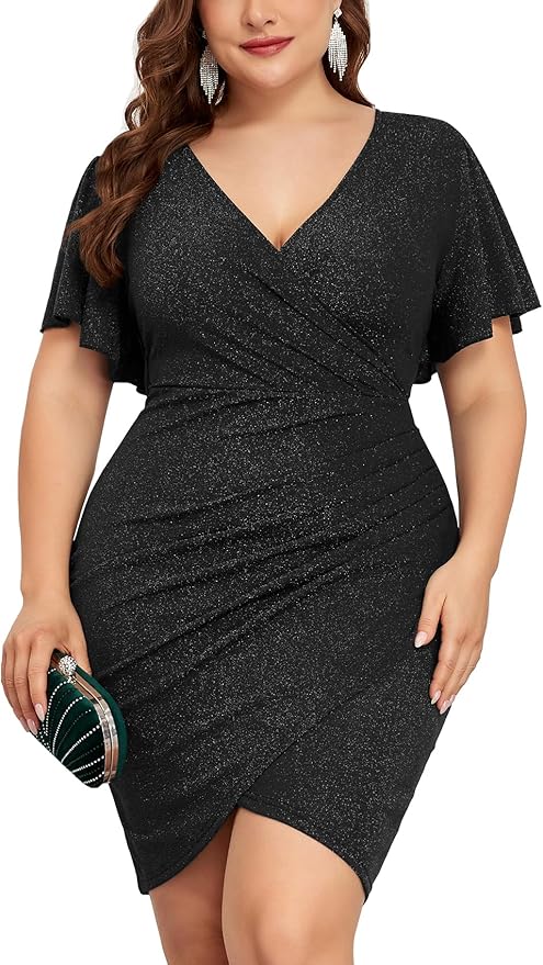ZOMVA Plus Size 0X-4X Sparkly Glitter Ruched Bodycon Mini Dress Sparkle Sequin Wrap Ruffle Sleeve Dress Cocktail Party Formal