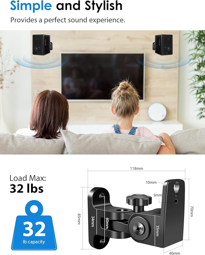 Speaker Wall Mounts, 2 Packs Universal Mounting Bracket for Small Bookshelf Speakers, Vertical 120, Horizontal 180Adjustment, Compatible with Bose, JBL, KEF,Sony Others, Hold up to 32 lbs