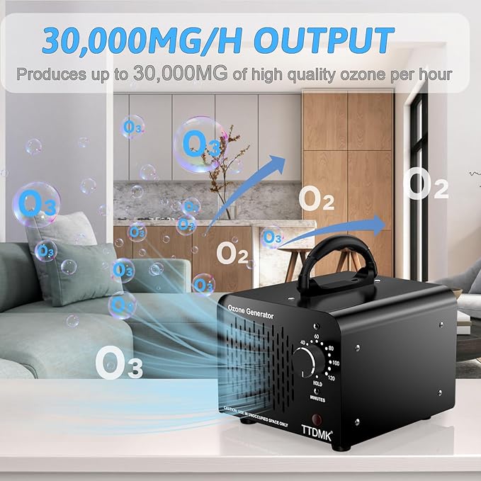 Ozone Generator 30,000mgh, Commercial Ozone Machine, High Capacity Ozone Machine Odor Removal, Home Ozone Generator for Car, Pet, Smoke, Home, etc (Black)