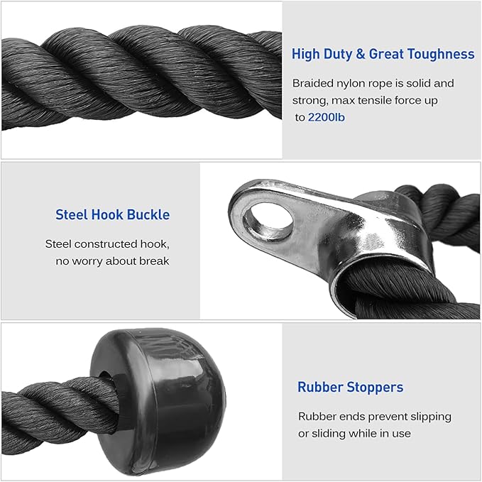 ZJchao Tricep Rope, Pull Down Rope Single Grip Tricep Bicep Exercise Attachment Rope Attachment for Cable Machine with Storage Pouch for Cable Machines Gym Pulley Workout