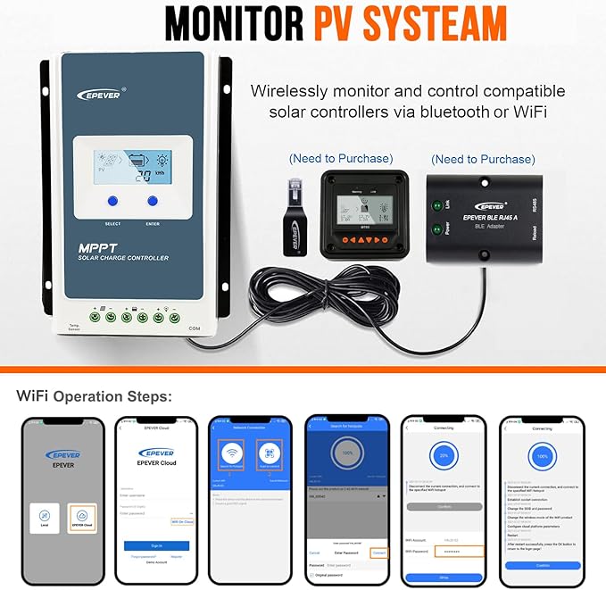 EPEVER 40amp MPPT Solar Charge Controller 12V24V Auto, Negative Grounded 40A Solar Panel Charge Regulator w LCD Display for 12V24V Gel Sealed Flooded and Lithium Battery