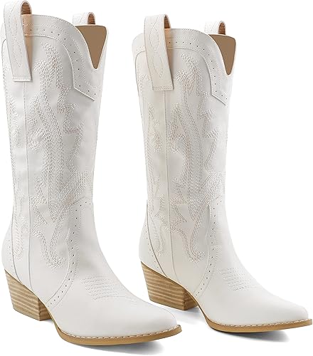Zzheels Women Mid-calf Cowboy Boots Pointy Toe Boots Embroidered Western Cowgirl Boots Chunky Heels