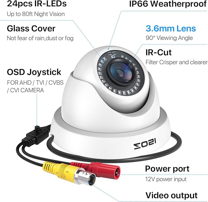 ZOSI 2.0MP HD 1080P 1920TVL Hybrid 4-in-1 TVI CVI AHD 960H CVBS CCTV Dome Camera Indoor Outdoor ,80ft Day Night Vision Aluminum Metal Housing For HD-TVI, AHD, CVI, and CVBS/960H analog DVR(White)