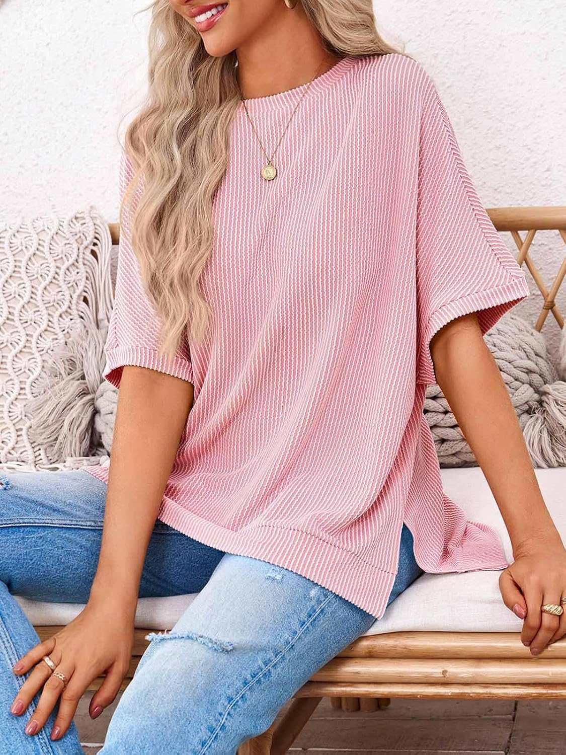 Tankaneo Womens Oversized T Shirts Summer Casual Ribbed Batwing Short Sleeve Tunic Tops Loose Fit Dolman Sleeve Tees