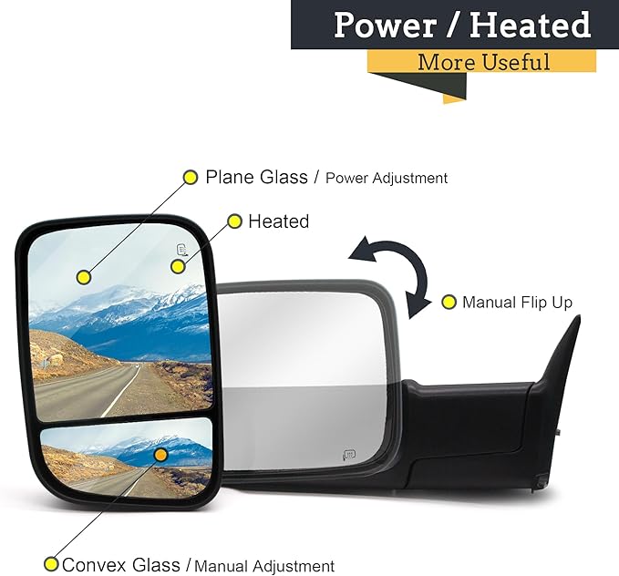 TOEMIRR Towing Mirrors fit for 2009-2018 Dodge Ram 1500 2010-2018 Ram 2500 3500 Passenger Side Mirror Heated Power Temperature Sensor Turn Signal Light Puddle Light Manual Flipping Black RH Tow Mirror