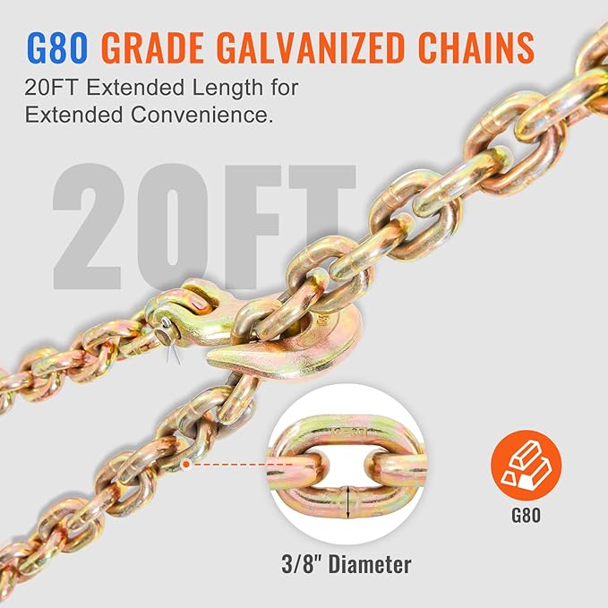 VEVOR 38"-12" Ratchet Chain Binder with Chain, G80 12000 lbs Secure Limit, Heavy Duty Load, Labor-Saving Anti-Skid Handle, Tie Down Hauling Chain Binders for Flatbed Truck Trailer, 2 Set Yellow