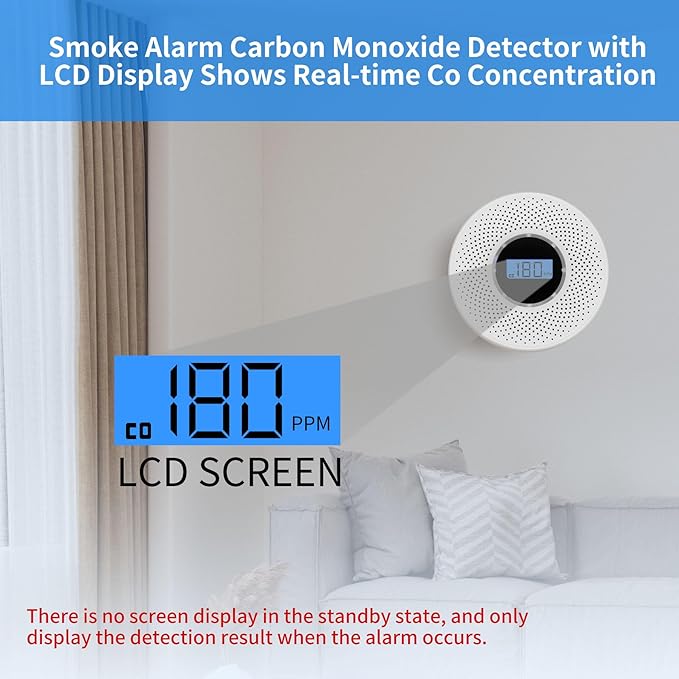 Smoke Detector Carbon Monoxide Detector Combo with Digital Display and Sound Light Alarm, 2-in-1 Smoke CO Alarm with Battery Operated for Home, Travel or RV