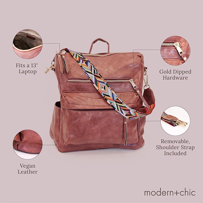 ModernChic Backpack Purse for Women - Brielle Convertible Bag, Use as Diaper Shoulder Bag, or Womens Backpack, Made of Vegan Leather wRemovable Strap and ExteriorInterior Pockets (Taffy Pink)