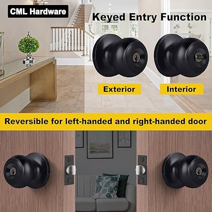 CML Hardware Matte Black Keyed Entry Door Knob for Entrance, Exterior and Interior Use, Round Ball Handle, Stainless Steel