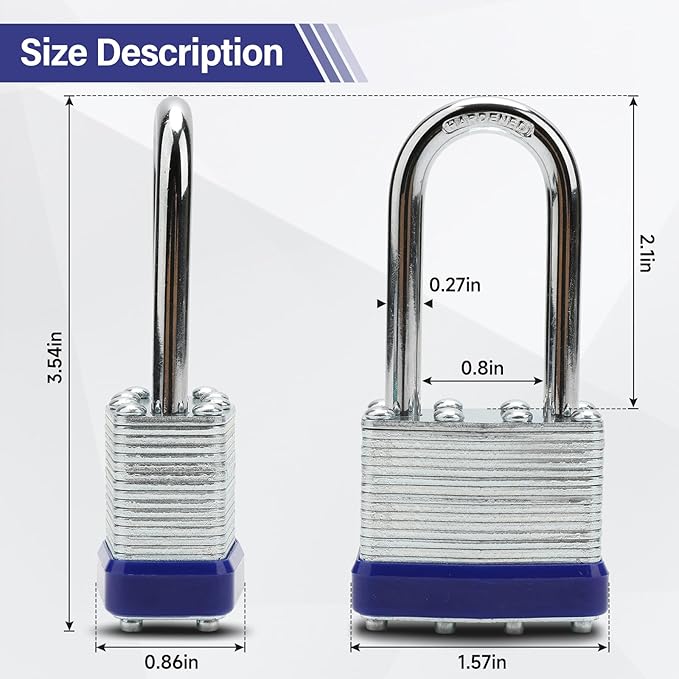 Lock Outdoor Padlocks, Laminated keyed Padlock, 1-9/16 in Wide Body, Padlock Set with Keys, Long Shackle (2Pack)