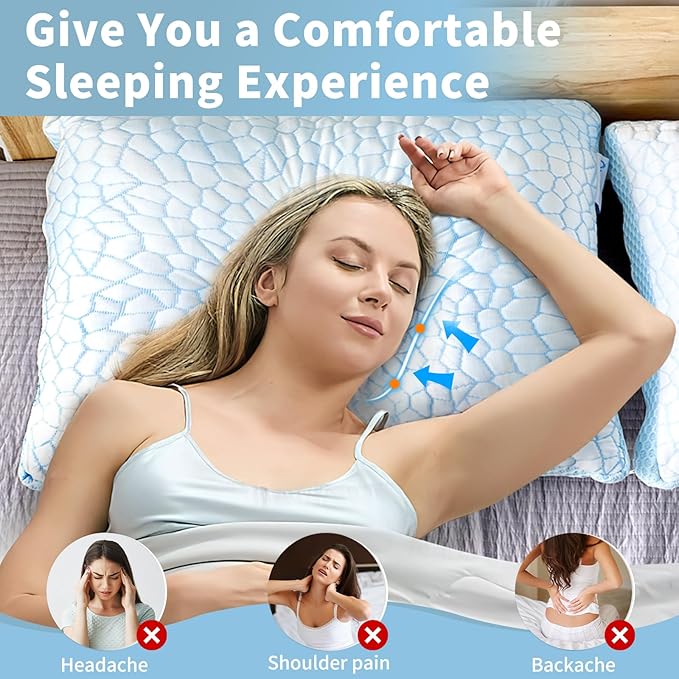 QUTOOL Cooling Pillows for Hot Sleeping, Shredded Memory Foam Pillows Queen Size Set of 1,Adjustable Soft & Firm Gel Bed Pillow for Side, Back, Stomach Sleepers