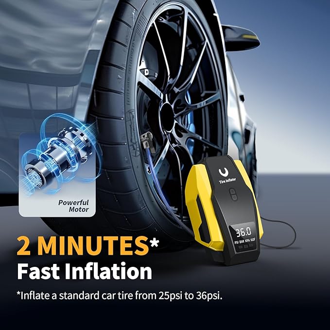 Tire Inflator Portable Air Compressor - Air Pump for Car Tires - 12V DC Tire Pump with Auto Shutoff Function LED Light for Cars, Bicycles, Motorcycles, Yellow, Large