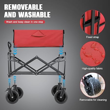 Collapsible Foldable Beach Wagon,Folding Wagon Cart with Big Wheels,Utility Grocery All Terrain Wagons carts Foldable with Brakes for Sand Camping Sports Outdoor(Rose Red).