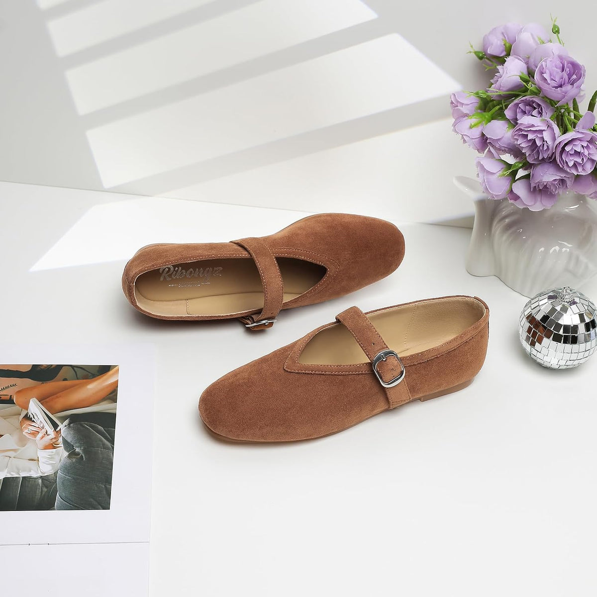 RIBONGZ Women's Flats Foldable Ballet Mary Jane Round Toe Dress Shoes with Ankle Strap Buckle Comfortable Slip On Leather Flat Girls Ballerina Shoes for Office Work Party Walking Casual