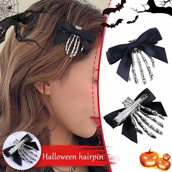 Utavu 2Pcs Skeleton Hand Hair Clips with Bowknot - Cute Skull Claw Hairpins for Girls, Party Cosplay