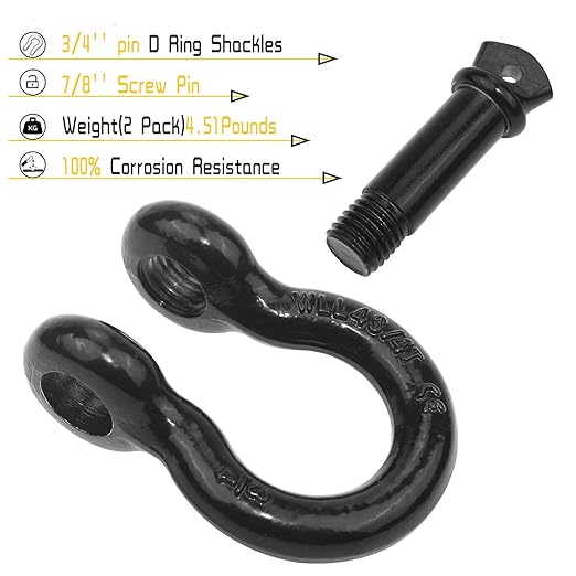 Shackles 3/4"(2 Pack) D-Ring Shackle Rugged 28.5 Ton (57,000 Lbs) Maximum Break Strength Heavy Duty Tow Shackles Perfect Shackle work with Tow Strap, Winch, Off-Road Jeep Truck Vehicle Recovery