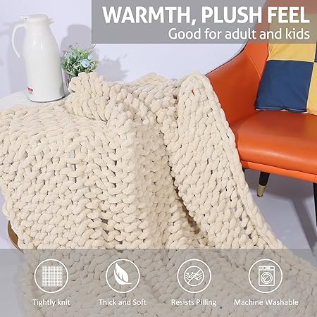 Chenille Chunky Knit Throw Blanket, Big Chenille Yarn Braided Crochet Throw Blanket: Handmade Soft Comfort for Couch Bed Sofa (Light Brown, 50"x60")