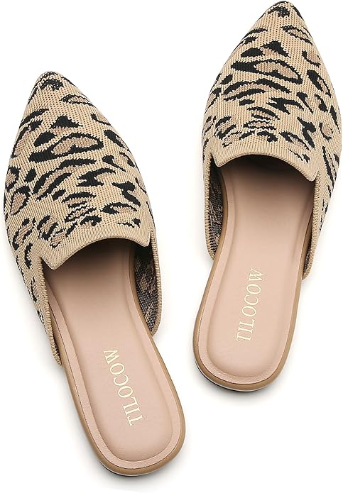 Tilocow Knit Mules for Women Flats Pointed Toe Mesh Ballet Flat Womens Slip On Slides Walking Shoes