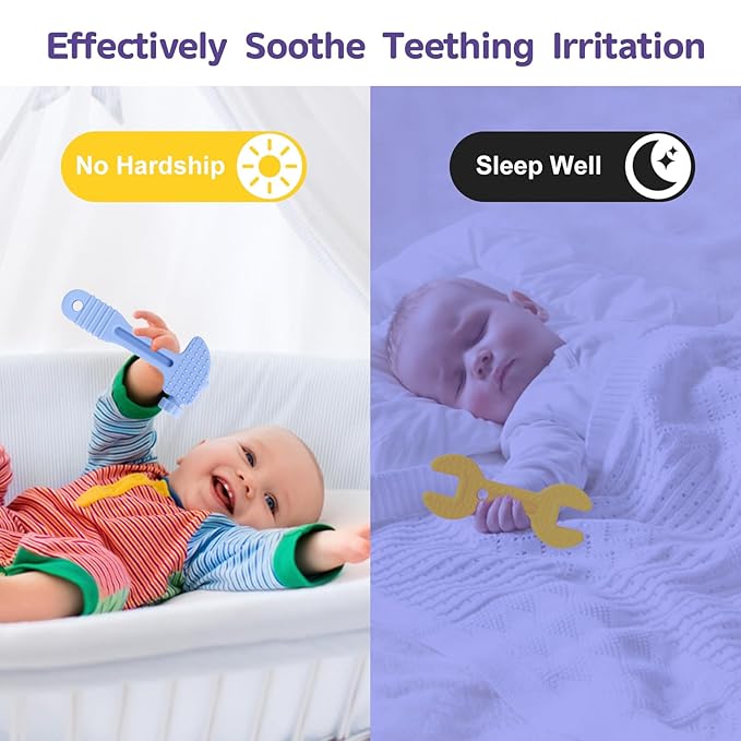 Hooku 4 Pack Silicone Teething Toys for Babies 3-6 Months, Teethers for Babies 6-12 Months, Hammer Spanner Wrench Pliers Tools Shape Sensory Chew Toys