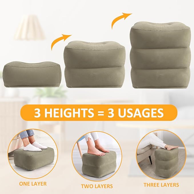 Inflatable Foot Rest Pillow for Travel - Adjustable Height Flight Foot Rest with Eye Mask and Earplugs for Kids Adults on Airplane, Car, Train, Office, and Home (Gray, 1 PCS)