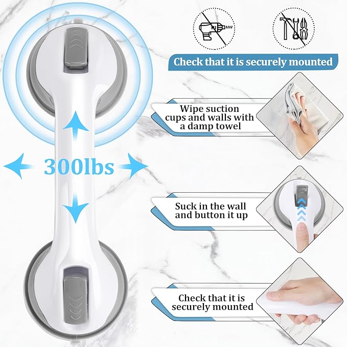 Shower Handle 2 Packs Grab Bars for Bathtubs Showers, 12 inch Grab Bars for Bathroom with Strong Hold Suction Cup, Balance Bar Safety Hand Rail for Injury, Senior, Elderly Grey