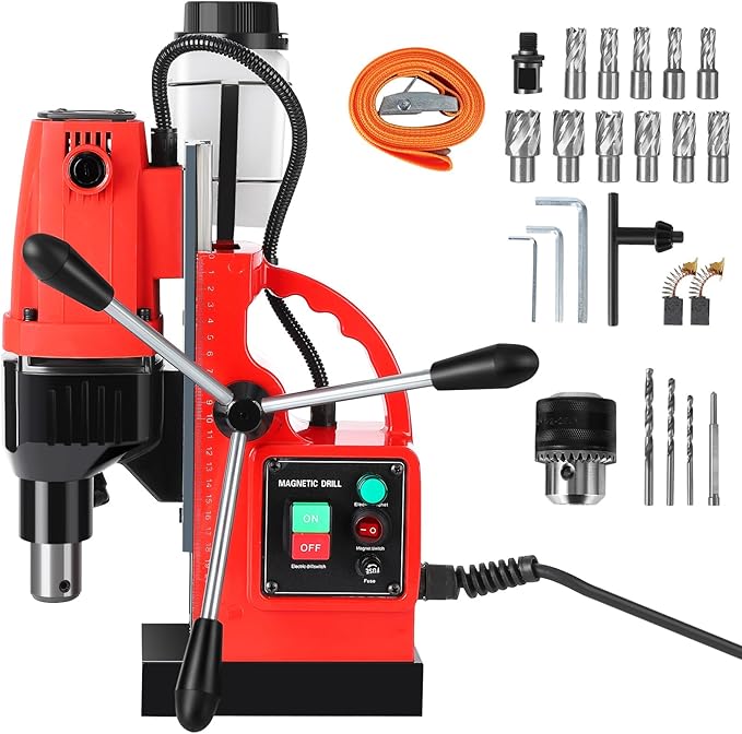 Mag Drill Press, 1100W 550RPM Portable Magnetic Drill Press, Magnetic Core Electric Drilling Machine for Metal Working,14Pcs Annular Cutters Drilling Bits,Red