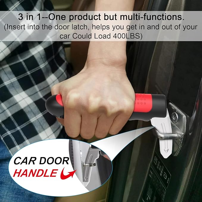 Multifunction Car Handle Assist for Elderly and Handicapped, 3 in 1 Automotive Door Assist Handle, Seatbelt Cutter, Window Breaker, Car Door Handle for Seniors,Red, (CHS)