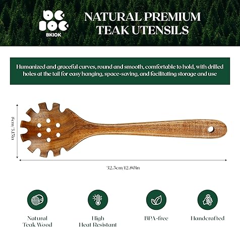Natural Nonstick Teak Wood Pasta Fork, Noodle Spaghetti Spoon Server, Handmade Strainer Slotted Spoon Skimmer Spoons