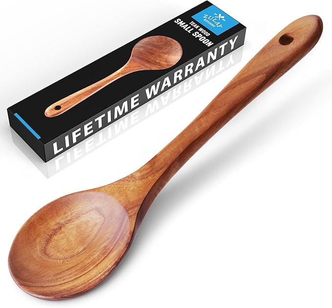 Zulay Kitchen 9.4" Teak Wooden Cooking Spoon Durable, Non-Stick Wooden Utensil for Cooking, Stirring, Mixing Serving Heat-Resistant, Smooth Finish Kitchen Spoon for Nonstick Cookware