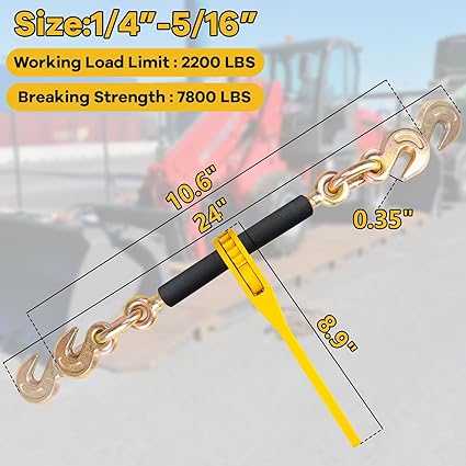 Chain Binders with 2 Grab Hooks, G80 14in-516in Heavy Duty Ratchet Binders, Tie Downs for Grade 80 Transport Chain, 2200lbs Safe Working Load, for Material Handling, Hauling, Towing
