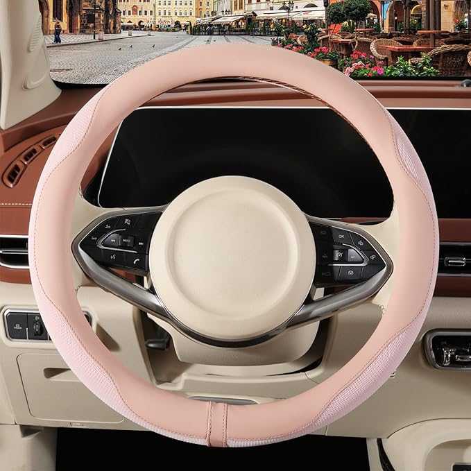Nappa Leather Pink Steering Wheel Cover, Advanced Microfiber Leather Non-Slip Breathable Fabric, Warm in Winter and Cool in Summer, Universal 15 inch