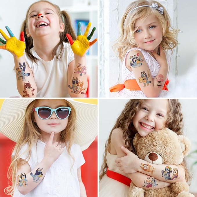 Temporary Tattoo Set for Kids Bluey,4 Sheets Kids Tattoos Stickers for Kids Birthday Gift Bags for Kids, Thoughts for Girls and Boys