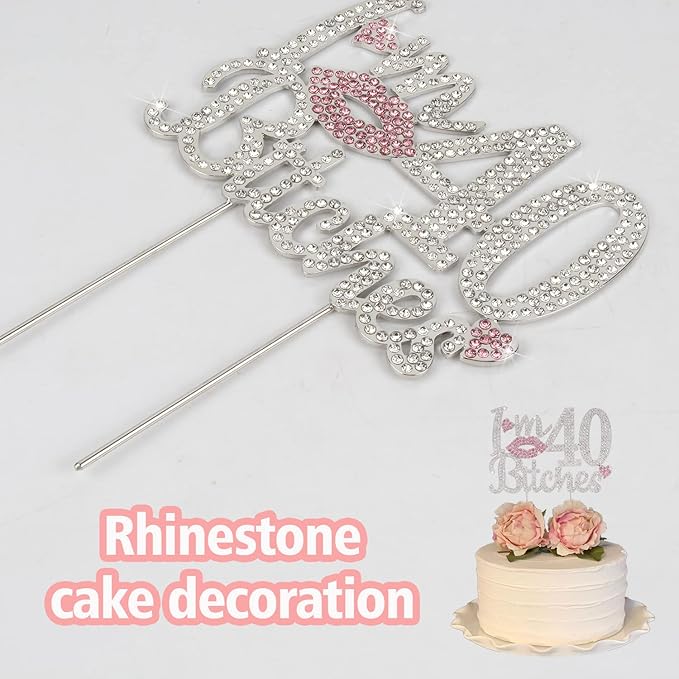I'm 40th Funny Birthday Pink Rhinestone Cake Topper - Happy 40th Birthday Cheers to 40 Years Old Forty Bday Party Metal Sparkly Food Centerpieces Topper Decorations Sign.