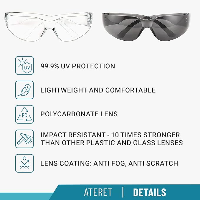 ATERET 12 Pairs Safety Glasses, Scratch and Impact Resistant, Polycarbonate ANSI Z87.1 Lens, Protective Eyewear for Lab, Industrial, Carpentry, Shooting (Grey)