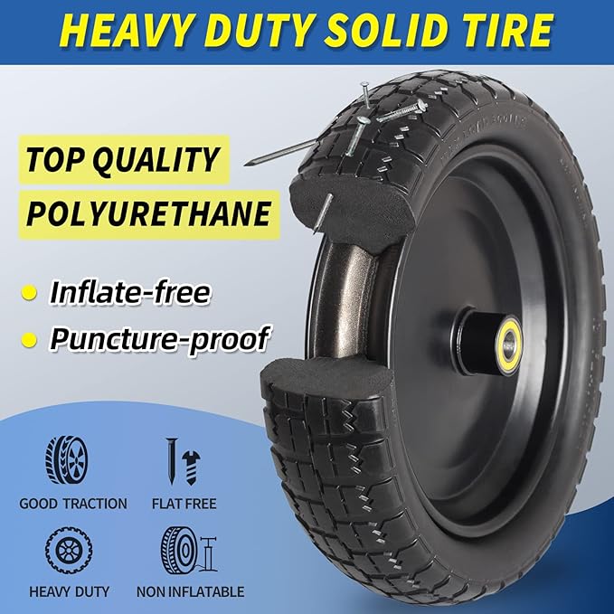 13" Flat-free Solid Tire and Wheel, with 58" Axle Bore Hole, 2.2" Offset Hub, Replacement 4.00-6 Wheelbarrow tire, Compatible with Garden Wagon Trolley Dolly, 2 Pack