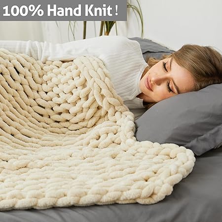 Chenille Chunky Knit Throw Blanket, Big Chenille Yarn Braided Crochet Throw Blanket: Handmade Soft Comfort for Couch Bed Sofa (Light Brown, 50"x60")