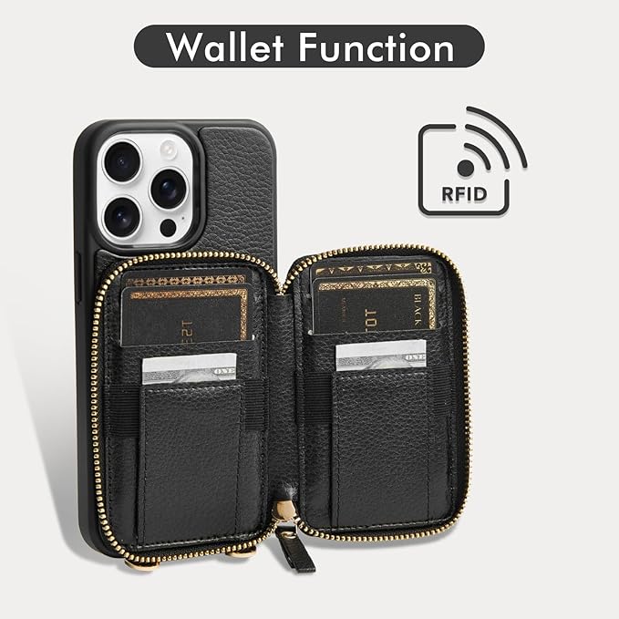 ZVE for iPhone 13 Pro Max Wallet Case, Card Holder Crossbody Phone Case for Women, Zipper Leather Purse with Wrist Strap, RFID Blocking Cover for iPhone 13 Pro Max (6.7 inch, 2021)- Black
